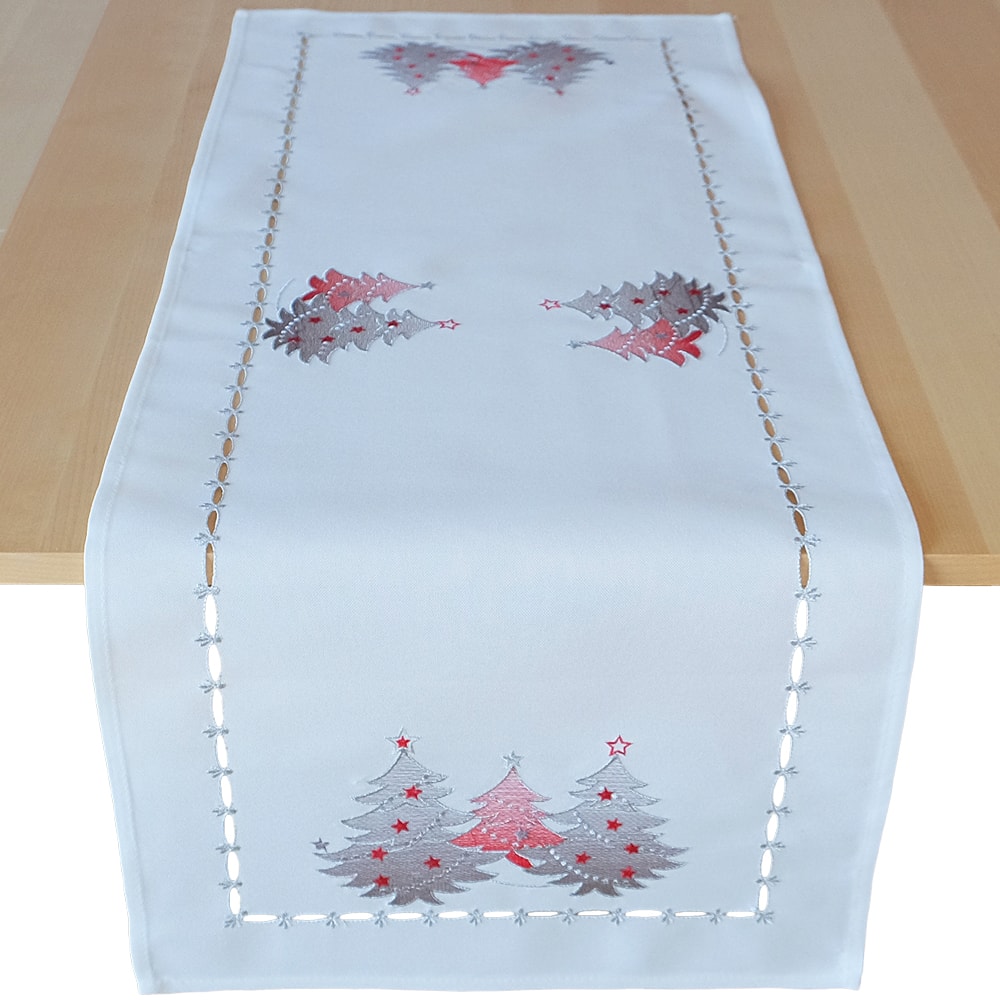 Tischläufer Mitteldecke Weihnachten Stick Tannenbäume rot silber 40x85 cm  weiß kaufen