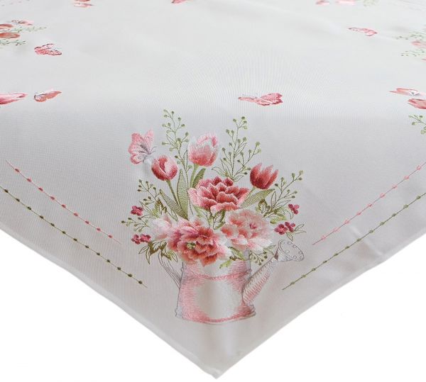 Tischdecke Blumenstrauß & Gießkanne weiß & Stick bunt Polyester 1 Stk 110x110 cm