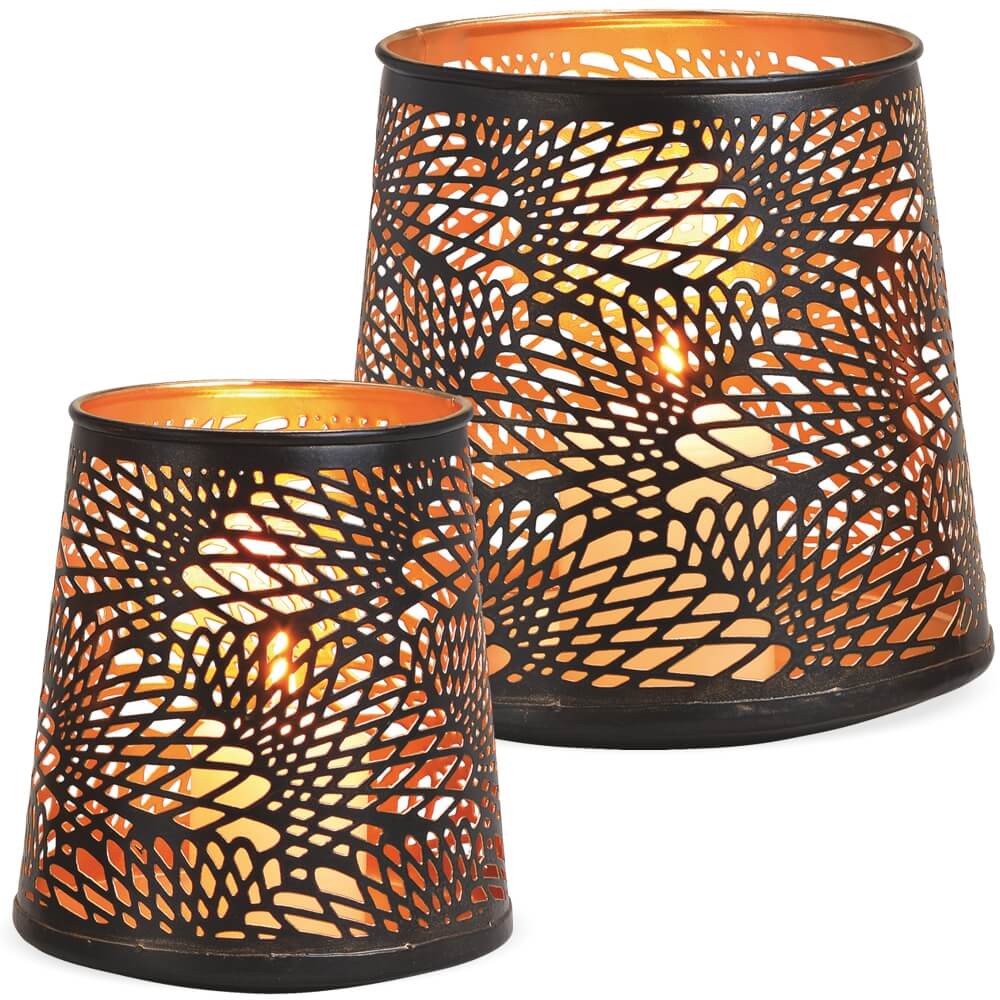 Windlichter Kerzenhalter konische Form mit Lochmuster schwarz gold 2er Set 