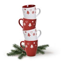 Tassen Becher Kaffeebecher Weihnachtsdekor rot / weiß Keramik 4er Set 10 cm 300 ml