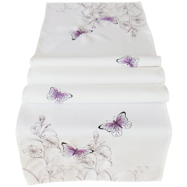 Tischläufer Mitteldecke Stickerei Schmetterling lila weiß Tischwäsche 40x140cm