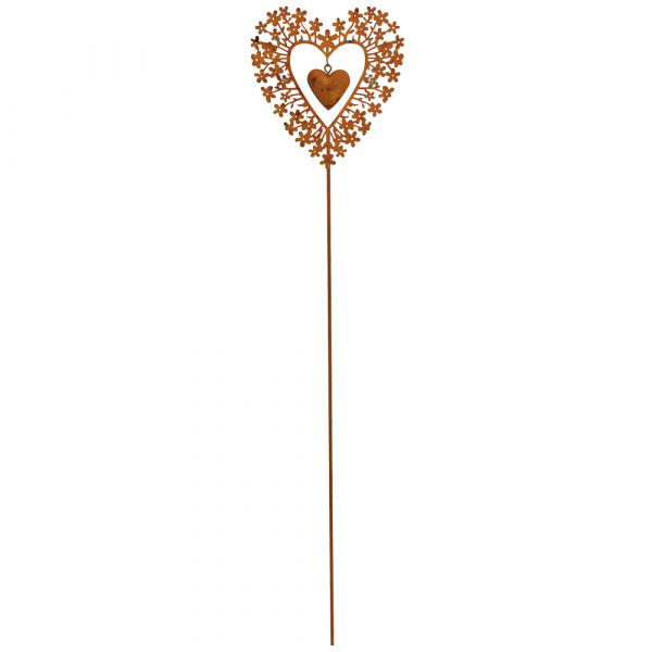 Herz in Herz & Blüten Dekostecker Metall Gartendeko Rostoptik 1 Stk 11x62 cm