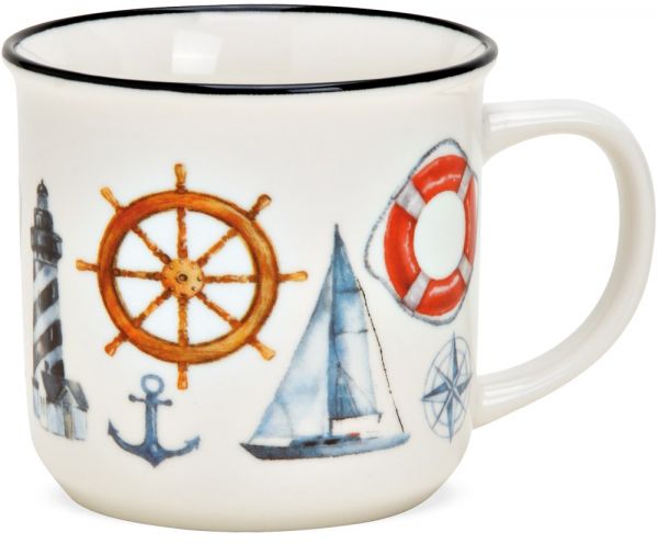 Kaffeebecher Emailoptik maritim Anker Leuchtturm Tasse Porzellan 1 Stk B-WARE