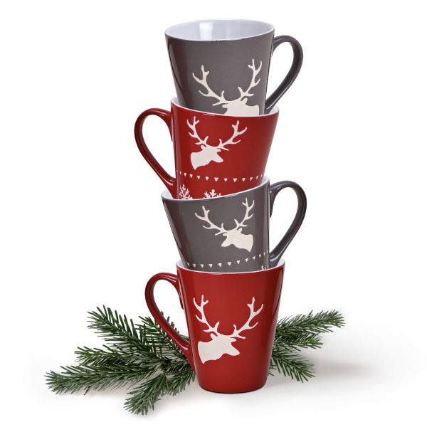 Tassen Kaffeebecher Weihnachten Hirsche rot & grau Steingut 4er Set sort 200 ml