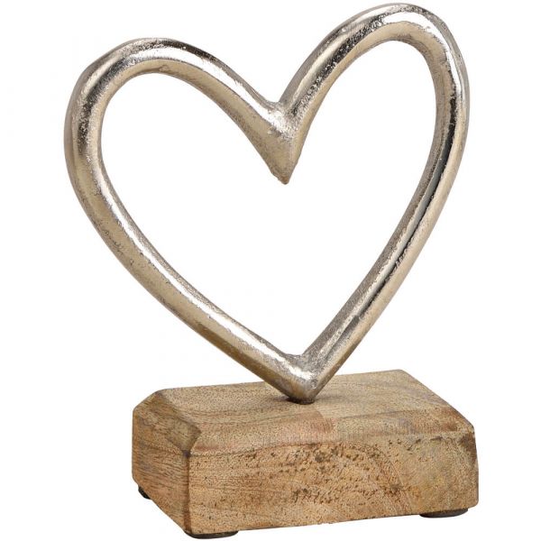 Herz Aufsteller Skulptur Holzsockel & Metall Deko silber 1 Stk 11x13x5 cm