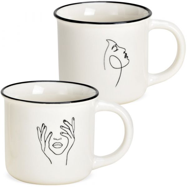 Kaffeebecher Emailoptik Gesichter minimalistisch Tassen Keramik 2er sort 8 cm
