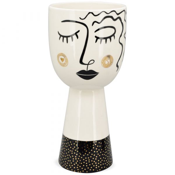Vase Figur Keramik schlafend lange Haare weiß schwarz Dekovase gepunktet 38,5 cm