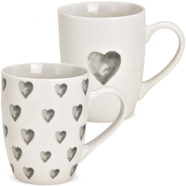 Kaffeebecher Herzdekor Herzchen Kaffeetassen Porzellan weiß grau 2er sort 10 cm