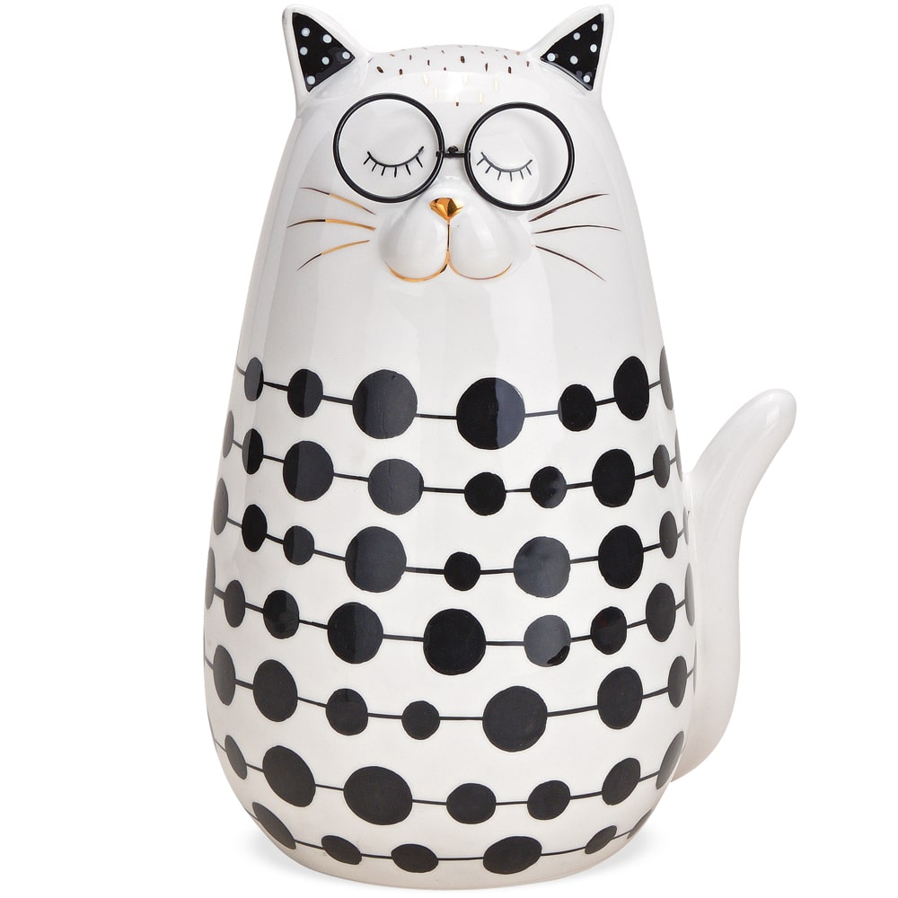 Katze Stk Dekofigur kaufen cm & Brille mit 1 modern 24 Punkte weiß Katzenfigur Keramik