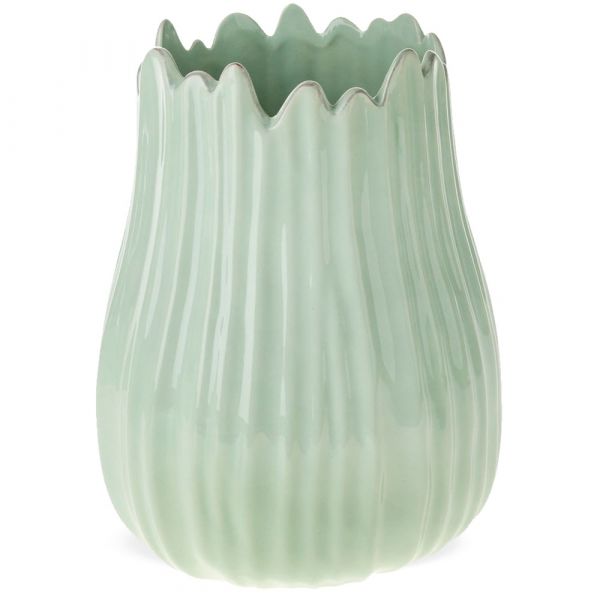 Blumenvase Keramik Vase Frühling Blütenform Rillen Struktur Hellgrün Ø 18x22 cm 