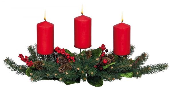 Geschmücktes Adventsgesteck 3 Kerzen bis Ø 7 Zapfen Zweige realitätsnah 70x17 cm