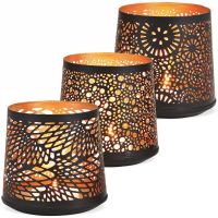 Windlichter Kerzenhalter konische Form mit Lochmuster – schwarz gold – 3er Set