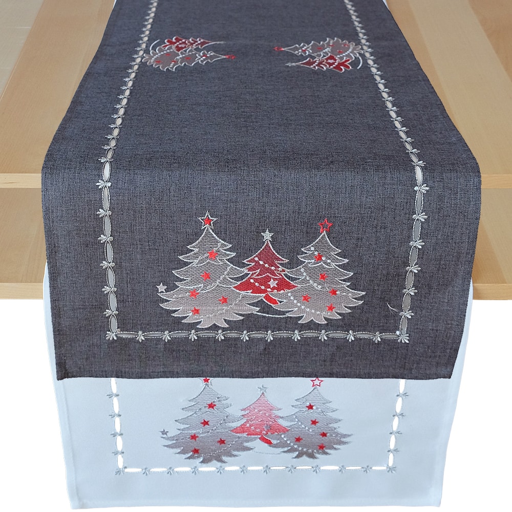 Tischläufer Mitteldecke Weihnachten Stick Tannenbäume rot silber 40x85 cm  weiß kaufen