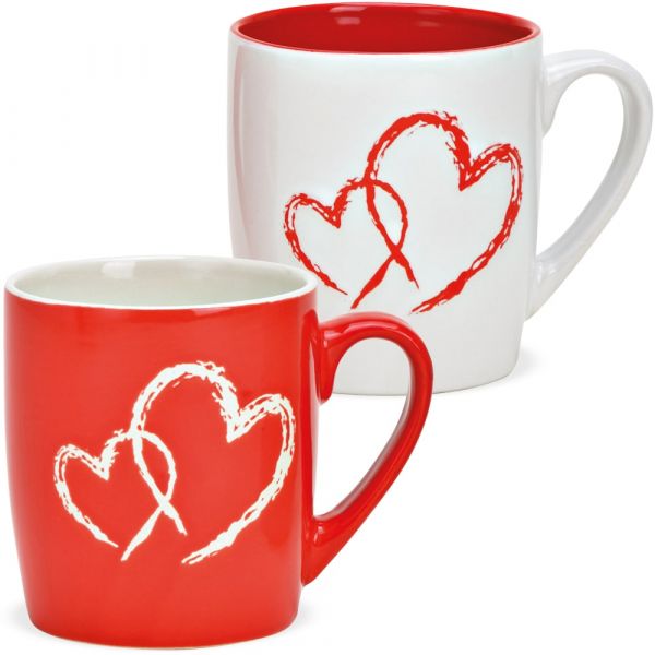 Tassen mit Herzen / Herzdekor Steingut Kaffeetassen rot & weiß 2er Set sort 9 cm