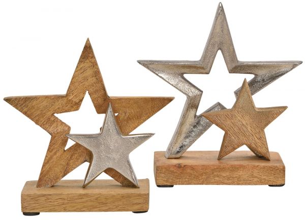 Sterne groß / klein Dekofiguren Metall & Mangoholz Skulptur silber braun 2er 15 cm