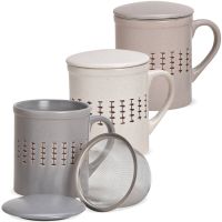 Teetassen Teebecher mit Deckel & Sieb Landhaus Steingut Muster 3er Set sort 9 cm