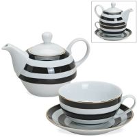 Tea For One Geschenkset Streifen schwarz weiß Goldrand Teekanne Tasse & Teller
