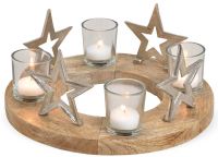 Adventskranz Holz & Sterne Metall & 4x Glas Kerzenhalter Weihnachten  Ø 30 cm
