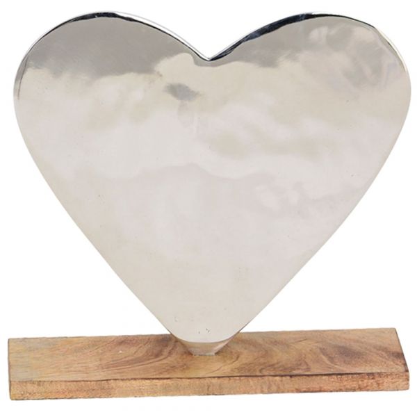 Herz Alu auf Holzsockel Dekofigur Skulptur silber braun - 20x20 cm