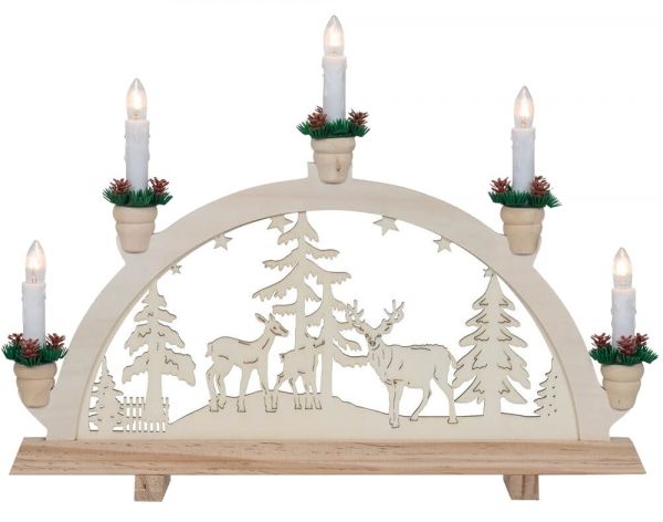 Weihnachtsleuchter Waldtiere 5-flammig Holz braun Kränzchen & Schalter 57x38 cm