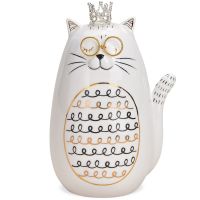 Katze mit Brille & Glitzerkrone Katzenfigur weiß & Goldakzente Keramik 1 Stk 17 cm