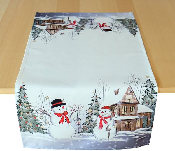 Tischläufer Mitteldecke Weihnachten Schneemänner Winter Druck 40x85 cm weiß bunt