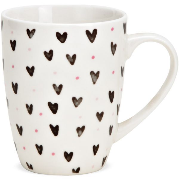 Kaffeebecher weiß Herzdekor schwarz Punkte pink Kaffeetasse Keramik 1 Stk B-WARE