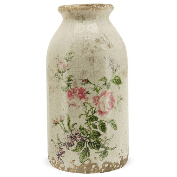 Vase Blumenvase in Antik-Optik mit Rosen Motiv Steingut beige Ø 8x20 cm