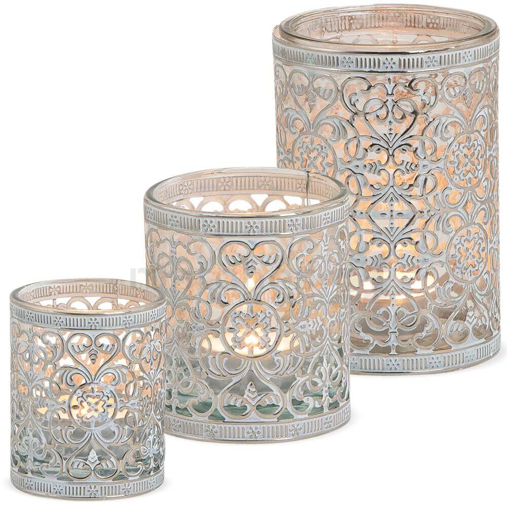 Windlicht Ornamente Jumbo-Windlicht Glas Deko Kerzenhalter Vase Metall weiß NEU
