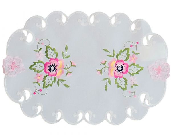 Tischläufer Stiefmütterchen weiß & Stick rosa Polyester 1 Stk 30x45 cm oval