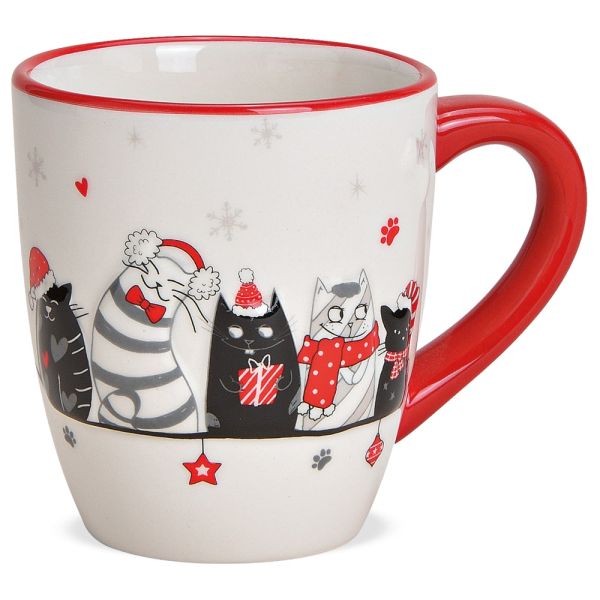 Tasse Kaffeetasse Becher Weihnachtskatzen Katzen weiß rot schwarz Keramik 12 cm