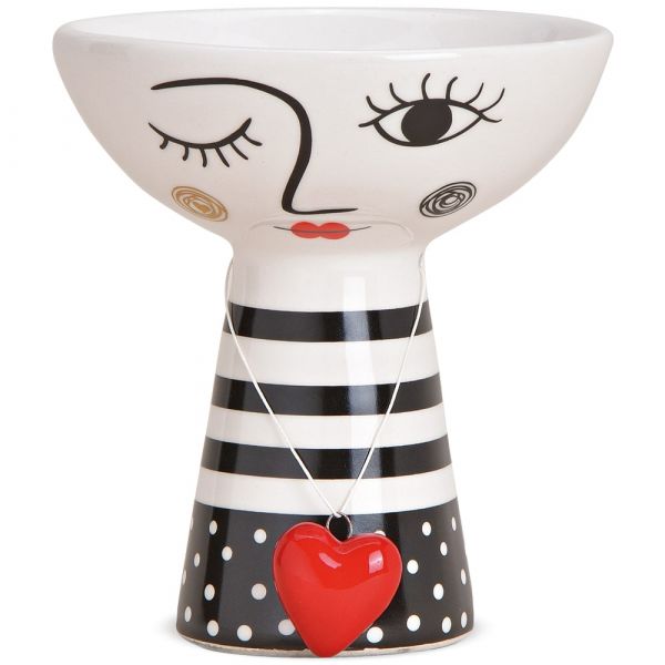 Schale Dekoschale Gesicht & Herzanhänger modern Keramik schwarz weiß rot 1 Stk 12 cm