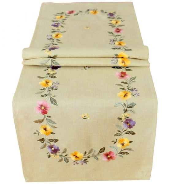 Tischläufer Stiefmütterchen Blumen beige Stick bunt Polyester 1 Stk 40x140 cm