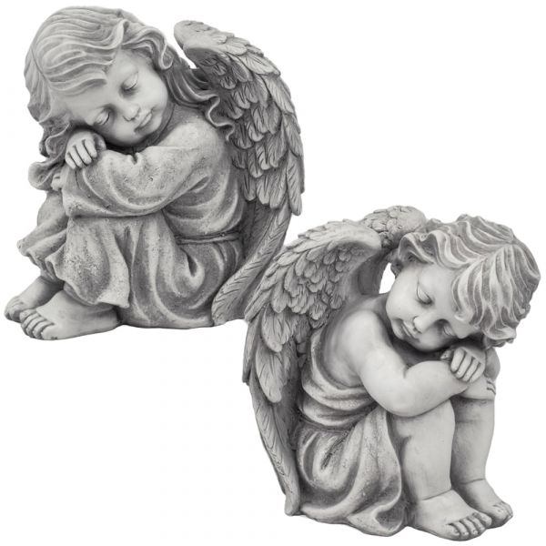 Sitzender Engel Figur Gartendeko Grabschmuck Poly 1 Stk Mädchen ODER Junge 24 cm