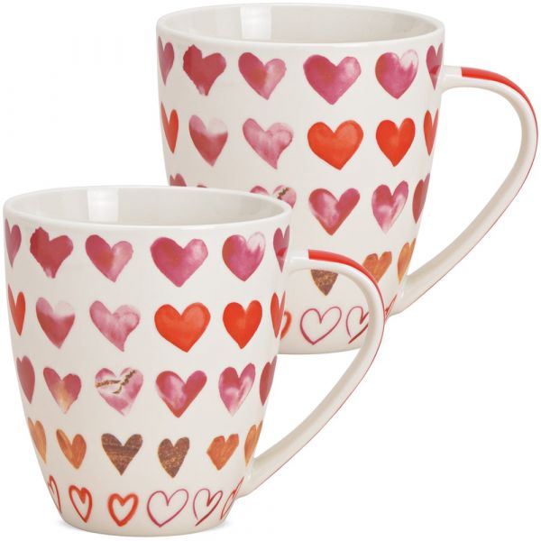 Jumbo Kaffeetassen Tassen Herzdekor weiß rot rosa Porzellan 2er Set 12 cm 675 ml
