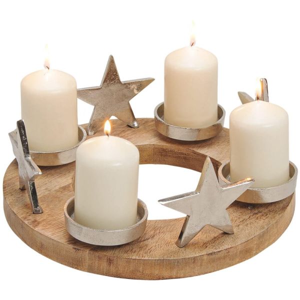 Adventskranz Kerzenhalter Sterne Metall & Holz Weihnachten silber / braun Ø 30 cm